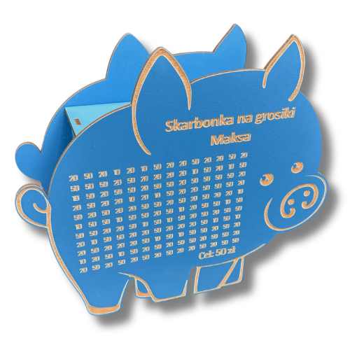 Świnka skarbonka na GROSIKI cel 50 zł personalizowana z imieniem NIEBIESKA