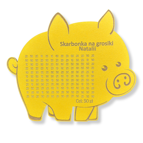 Świnka skarbonka na GROSIKI cel 50 zł personalizowana z imieniem ŻÓŁTA