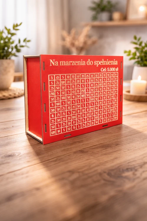 Skarbonka wykreślanka personalizowana z celem na oszczędzanie Czerwona - widok 2