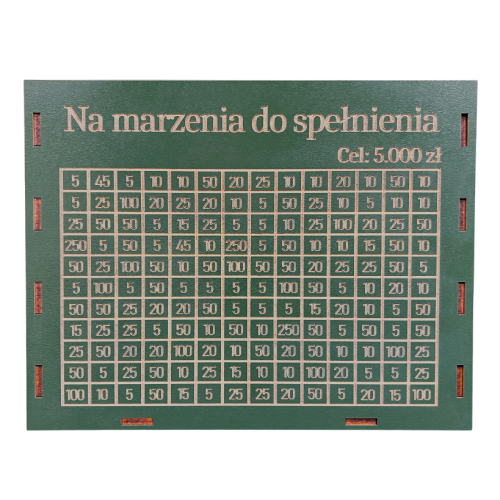 Skarbonka wykreślanka personalizowana z celem na oszczędzanie ZIELONA