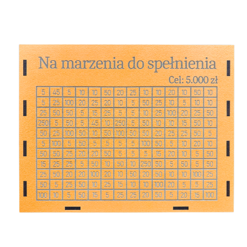 Skarbonka wykreślanka personalizowana z celem na oszczędzanie POMARAŃCZOWA