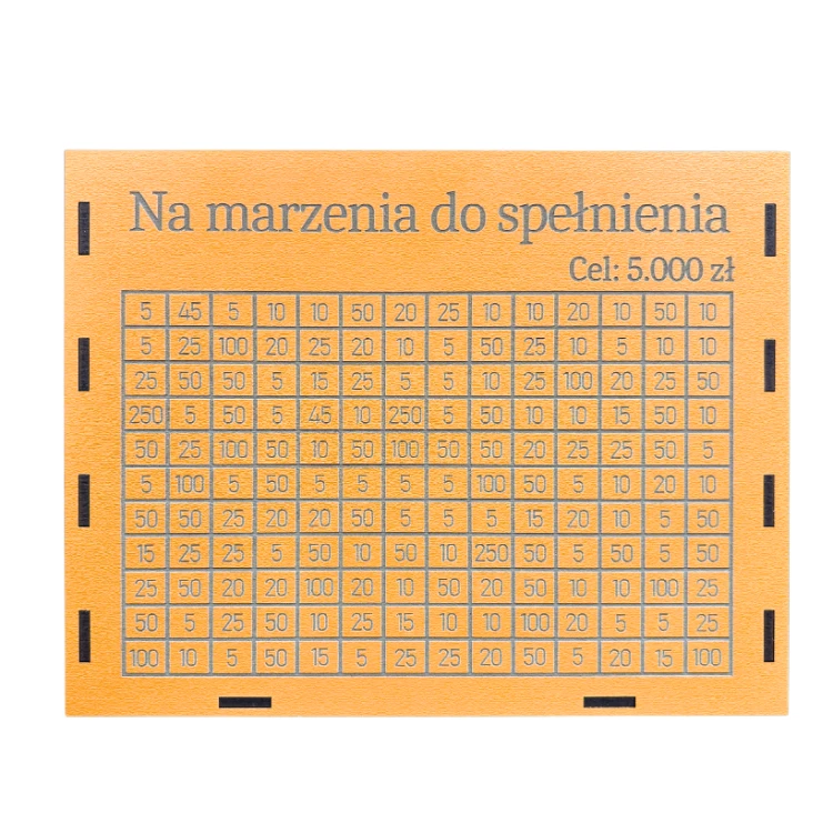 Skarbonka wykreślanka personalizowana z celem na oszczędzanie POMARAŃCZOWA