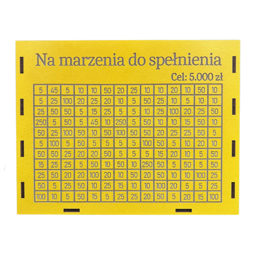 Skarbonka wykreślanka personalizowana z celem na oszczędzanie ŻÓŁTA