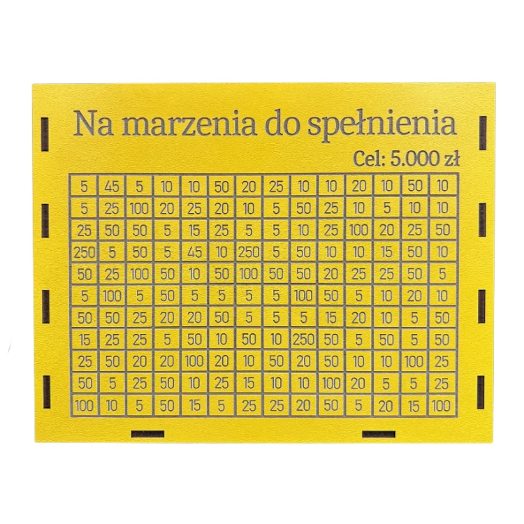Skarbonka wykreślanka personalizowana z celem na oszczędzanie ŻÓŁTA